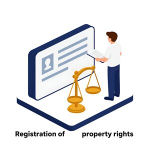 Изометрическая иллюстрация процесса регистрации прав собственности на недвижимость для инвесторов на белом фоне